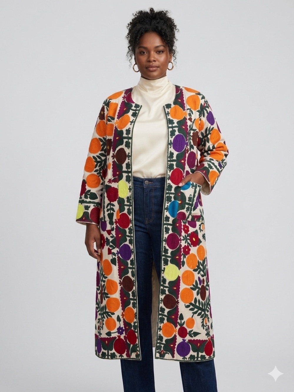 Vintage 70s Afghan Hand Embroidered Coat Folk Art Boho Maxi Duster